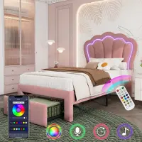 Ulife LED-beklede bed met lades en verstelbaar hoofdeinde, fluweelstof in roze, inclusief app-bediening en lattenbodem, eenpersoonsbed 90x190 cm