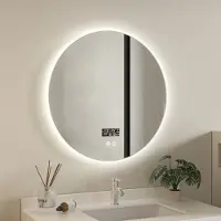 Quality Heating Ronde spiegel van rundleer - zwart - diameter 80 cm, 30 Watt, anti-condens en met Wi-Fi