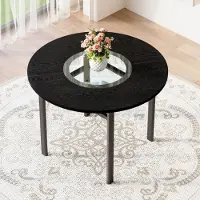 MODFU Moderne, minimalistische ronde eettafel, salontafel, keukentafel. Zwarte houtstructuur op het tafelblad, geschikt voor 2-4 personen, kleur: zwart