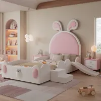 Flieks kinderbed 90x200 cm met glijbaan en trap, vloerbed prinsessenbed met hoofdeinde in de vorm van konijnenoren, met zachte bekleding en valbeveiliging, PU, roze