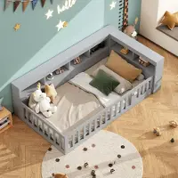OKWISH Kinderbed met matras, 90x200 cm, eenpersoonsbed met valbeveiliging, multifunctioneel bed dat kan worden omgebouwd tot een slaapbank, tienerbed met lade en USB-poort, grijs