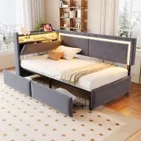 STILVORA Slaapbank 90x200 cm – Ledverlichting Met Usb Oplaadpoorten – Hoofdbord Met Opbergruimte En Lades – Zonder matras – Fluweel – Grijs