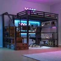 ALFORIGO Hoogslaper 140 x 200 cm met bureau, opbergruimte in de trap, plank, spijlen, LED-verlichting, 2 USB-poorten en een Type-C-aansluiting, gemaakt van metaal en MDF, kleur zwart