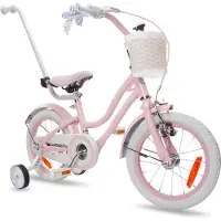 Sun baby Heart Bike Fiets voor een meisje van 2 tot 6 jaar, 14 inch Silver Moon Roze, met fietsbel, zijwieltjes, duwstang en stuurmandje