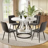 Flieks Eetset voor 4 personen, bestaande uit: ronde eettafel 80x80x76 cm, eettafel met opbergruimte, en 4 fluweleetstoelen in zwart en grijs