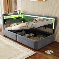 MODFU Uittrekbare slaapbank 90x200, beklede bed met LED-verlichting en USB-oplaadpoorten. Kinderbed, eenpersoonsbed met opbergruimte onder het bed. Inclusief matras, donkergrijs