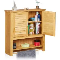 Relaxdays Hangende kast LAMELL, bamboe, met handdoekhouder, 3 planken, 2 deuren, badkamerkast, breedte x hoogte x diepte: 66 x 62 x 20 cm, naturel