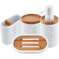 Nimco Kora - Set badkamer accessoires 4 in 1, wit/bamboe KO 24000SET-05