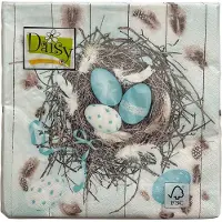 Daisy 40 Servetten - Pasen - Paas - Easter - Ei - Paasei - Nest - Veer - Strik - Op een witte met licht blauwe achtergrond - Licht Blauw - Wit - Bruin - 33 x 33 cm - 3-Laags -