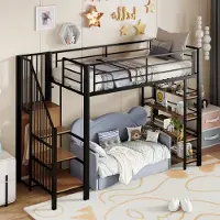 MODFU - Hoogslaper – 90x200 cm – Met opbergtrap & kleine kledingkast – Industrieel – Metaal – Zwart