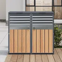STILVORA Afvalbakombouw – 2 Vakken Met Hydraulische Klapdeksels – Staal – Grijs Met Houtlook – Afsluitbare Buitenopslag Met Ventilatie