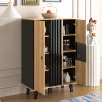 MODFU Kommode, dressoir, bijzettafels met glas en LED-verlichting, kast/buffet voor woonkamer, slaapkamer, kinderkamer, tienerkamer en kantoor, in zwart en houtkleur