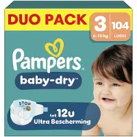 Pampers Baby-Dry Maat 3 - 104 Luiers - 6kg-10kg - Tot 100% lekvrij & comfortabele nacht