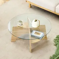 OKWISH Salontafel Rond - Transparant Veiligheidsglas - Voor Woonkamer Balkon Of Slaapkamerhoek - MDF Houtlook Naturel - Ø 80 Cm