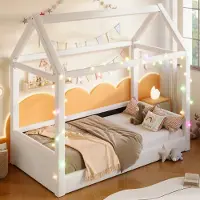 OKWISH Gestoffeerd Huisbed 90x200 cm - Speels Dakontwerp Met LED - Zonder Opbergruimte - Voor Kinderen - MDF/Linnen - Zonder Matras - Beige
