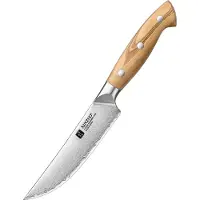 Xinzuo X02O Pin Series Steakmes 13,5 cm – Professioneel Keukenmes – Olijfhouten Handvat – 3-Laags Composietstaal met Stonewash Afwerking