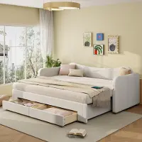 STILVORA Gestoffeerd Dagbed 90x200 Cm – Uittrekbaar Naar 180x200 – Met 2 Laden En Usb En Type C – Zonder Matras – Fluweel – Beige