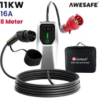 AWESAFE Laadkabels - 8m Kabel EV Lader Type 2 Laadpaal - 3 Fase - 11kW 16A - 6A/8A/10A/13A/16A Schakelbaar - Met handtas - Wit