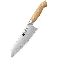Xinzuo X02O Pin Series Santokumes 18,5 cm – Professioneel Keukenmes – Olijfhouten Handvat – 3-Laags Composietstaal met Stonewash Afwerking