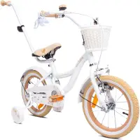 Sun baby Flower Bike Fiets voor een meisje van 4 tot 6 jaar, 14 inch Wit Beig, met fietsbel, zijwieltjes, duwstang en stuurmandje