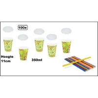 TakeAware 100x Milkshake beker Relax groen 350ml + 100x deksel + 100x rietjes color - Karton - Drinken beker thema feest festival evenement fun diner milkshakebeker