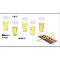 TakeAware 100x Milkshake beker Relax geel 450ml + 100x deksel + 100x rietjes color - Karton - Drinken beker thema feest festival evenement fun diner milkshakebeker