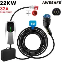 AWESAFE Draagbare Laadkabels - Mobiele Wallbox EV Lader 22kW 32A Type 2 met 5m Kabel - IP67 Regenbestendig - 3 Fase - Type 2 Laadpaal - 6A/8A/10A/13A/16A/20A/24A/32A Schakelbaar - Met handtas