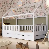 Crazy Pine huisbed met lades, 80x160 cm – Kinderbed van natuurlijk hout in wit – Montessori vloerbed met extra opbergruimte - Crazy Blanco