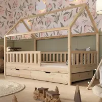 Crazy Pine huisbed met lades, 140x200 cm – Kinderbed van natuurlijk hout – Montessori vloerbed met extra opbergruimte - Crazy Blanco