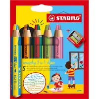 Stabilo woody 3 in 1 duo - Multi Talent Kleurpotloden - Etui Met 5 Kleuren & Puntenslijper