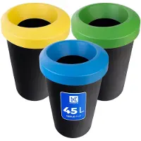 Kadax Afvalemmerset voor afvalscheiding, ronde vuilnisemmer van robuust kunststof, afvalemmer, afvalsorteerder, afvalverzamelaar, afvalscheidingscontainer (3 x 45 liter)