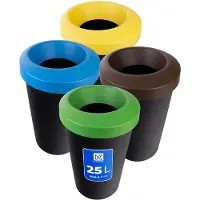 Kadax Afvalemmerset voor afvalscheiding, ronde vuilnisemmer van robuust kunststof, afvalemmer, afvalsorteerder, afvalverzamelaar, afvalscheidingscontainer (4 x 25 liter)