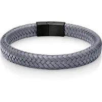 LGT JWLS Gevlochten Leren Armband Heren Edelstaal Sluiting Grijs Zwart-20.5cm