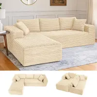 COMHOMA COMHOMASofa, grote bank, L-vormige bank, hoekbank, chaise longue slaapbank met diepe zitdiepte en brede armleuningen, corduroy stof, beige