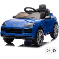 Vrooomy Porsche Cayenne 12V Elektrische Kinderauto 1 tot 5 jaar – Officieel Gelicentieerd met Vernieuwde Li-ion Accu – Luxe SUV met Lederen Zitje, EVA-Banden & Bluetooth – Blauw