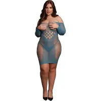 Le Désir - Mini jurk van netstof met lange mouwen - Blauw Plus Size