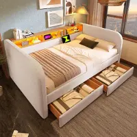 STILVORA gestoffeerd bed 140x190 met 2 lades en lattenbodem, bedframe met USB- en TYPE-C poorten, jeugdbed zonder matras, linnen, beige