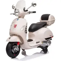 Vrooomy Vespa GT Elektrische kinder scooter, 7,2V (3–6 jaar) – Officieel gelicenseerd, met bagageruimte, stabilisatorwielen en lederen zadel – Elektrische kinder scooter – Wit
