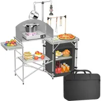 NaiZy Campingkeuken - 146x46x141 cm - Inklapbaar Aluminium - Met Werkblad - Inclusief Windscherm, Draagtas & Lichtstandaard - Opvouwbare Buitenkast voor Kamperen -