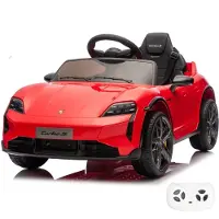 Vrooomy Porsche Taycan Turbo S elektrische kinderauto, 12V (voor kinderen van 1-5 jaar) – Officieel gelicenseerd, met afstandsbediening, LED-verlichting en zachte start – Elektrisch kinderauto – Rood