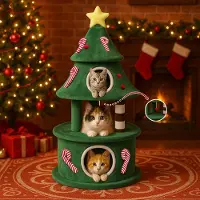 COMHOMA - Krabpaal Kerstboom 144 cm - Met Kattenhuis en Platforms - Groen