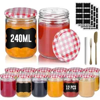 NaiZy Kleine Inmaakpotjes 12-delige set Mason Jar Ronde Jampotjes met Metalen Deksel 240ml Mini Luchtdichte Potjes Transparante Inmaakpotjes voor Honing, Kruiden, Jam (Rood & Wit Geruit)