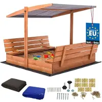 KOTARBAU Houten Zandbak - 140 x 140 cm - Bruin - Zandbak met Bankjes - met Grijs Dak - en Grondzeil - voor Tuin - Buitenspeelgoed