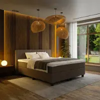 Mörgenn Boxspring Douze - Pocketvering - 12-Baans Hoofdbord - Bruin - 180x200 cm - Inclusief Dekbed en Kussens