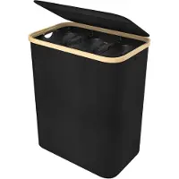 NaiZy 140 l wasmand van Oxford-weefsel, 3 vakken, afneembare wasverzamelaar met bamboeframe, opvouwbare waszak, wasboxen met handvat en deksel, wassorteerder, wasmand voor bijkeuken (zwart)