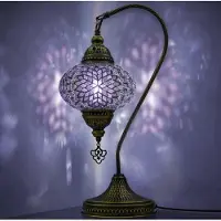 Halay VALVELLO Mozaïek Zwanenhals Lamp – Handgemaakte nachtlamp in oosterse stijl, geschikt voor slaapkamer en woonkamer – Turkse Tiffany-tafellamp in paars