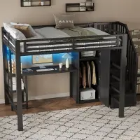 STILVORA Hoogslaper 140x200cm – Met Bureau Met Ledverlichting – Met Kledingkast En Opbergtrap – Voor Slaapkamer Of Studiekamer – Metaal En MDF – Zonder matras – Zwart