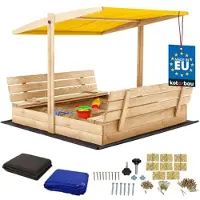 KOTARBAU Houten Zandbak - 140 x 140 cm - Natuurlijk - Zandbak met Bankjes - met Geel Dak - en Grondzeil - voor Tuin - Buitenspeelgoed