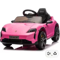 Vrooomy Porsche Taycan Turbo S 12V Elektrische Kinderauto 1 tot 5 jaar – Officieel Gelicentieerd met Vernieuwde Li-ion Accu – Luxe Sportwagen met Afstandsbediening, EVA-Wielen & Lederen Zitje – Roze