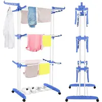 Springos Wasrek - Droogtoren - Droogrek - 4 - Etages - Inklapbaar - Inclusief- Wielen - Draaibaar - 170x75,5x57 cm